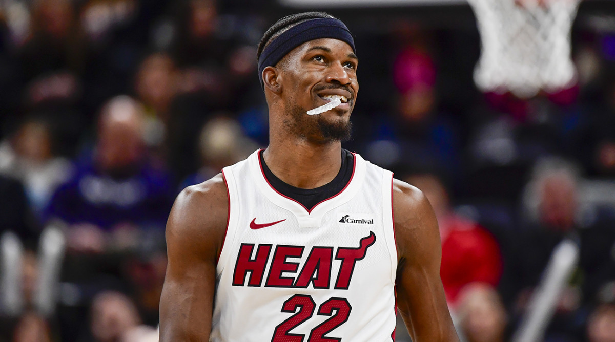 Miami Heat forward Jimmy Butler (22) reacts after a call against the Utah Jazz during the second half at Vivint Arena.
